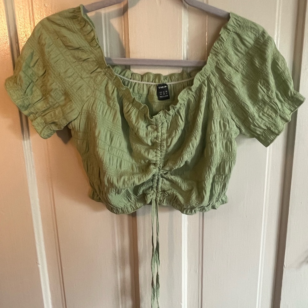 SHEIN Green Puff Sleeve Cinched Crop Top